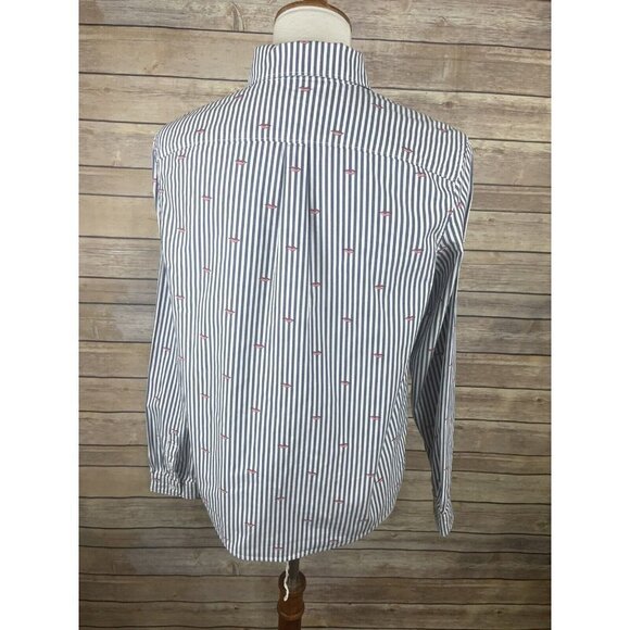 Banana Republic Small Quinn Boy Fit Button Up Striped Lip Print Blouse Blue Pink - Picture 6 of 11